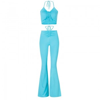 Y2K Streetwear Sexy Bandage Blue Co-ord Suits 2000s Fashion Drawstring Halter Top and High Waist Flare Pants 2 Piece Set
